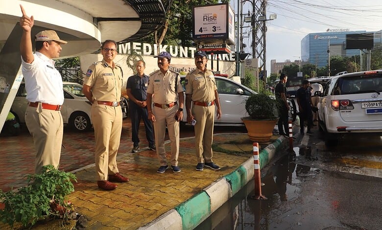 Traffic police inspect Wipro Junction works in Gachibowli, Hyderabad.