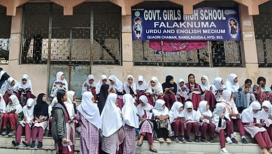 Students gathered outside Falaknuma Government Girls High School in Hyderabad.