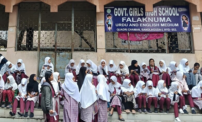 Students gathered outside Falaknuma Government Girls High School in Hyderabad.