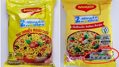Packaged Maggi 2-Minute Noodles with high salt, sugar, and fat content, featuring nutritional info.