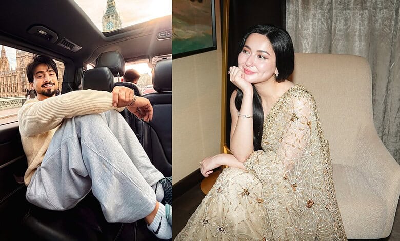 Mr Faisu and Hania Aamir in a casual setting, smiling and relaxed.