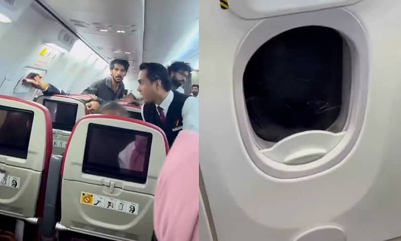 Passenger attempting to open emergency exit on an airplane mid-flight.