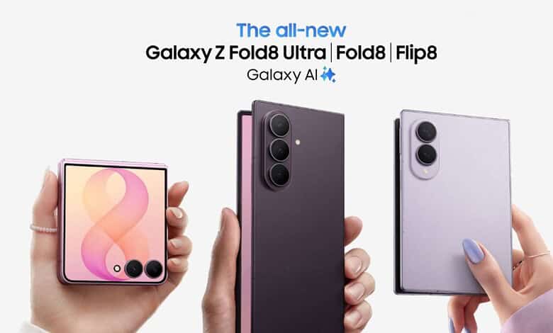 New Samsung foldable smartphones Galaxy Z Fold8 Ultra and Flip8 showcased in hand.