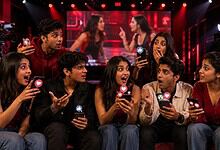 Young people watching a reality TV show on a large screen with social media reactions.