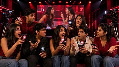 Young people watching a reality TV show on a large screen with social media reactions.