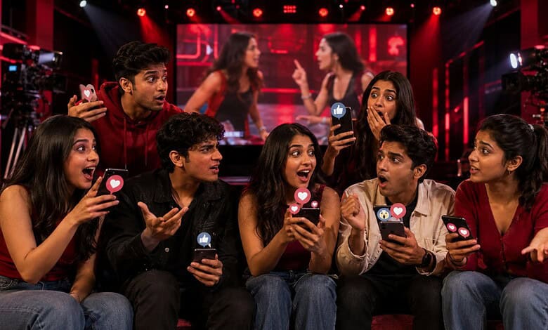 Young people watching a reality TV show on a large screen with social media reactions.