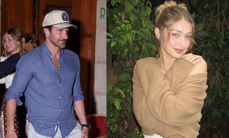 Gigi Hadid and Bradley Cooper at a social event, with Gigi smiling and Bradley wearing a cap.