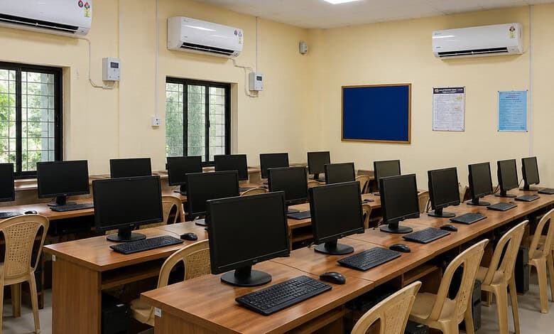 Computer lab with multiple desktops and chairs in a well-lit room.