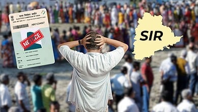 Crowd in Hyderabad with a person holding head, SIR notice and map of Telangana in background.