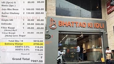 Bhattad Ki Idli restaurant entrance with customers and staff outside in Hyderabad.