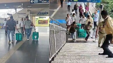 People at Hyderabad metro station with luggage and bags, busy transit scene.