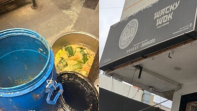 Dirty kitchen utensils and food containers at Hyderabad eatery during food safety inspection.