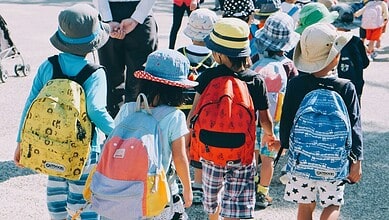 Group of children with backpacks and hats at school, ready for a day of learning.