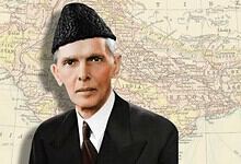 Mahatma Jinnah in traditional attire against a historical map background.