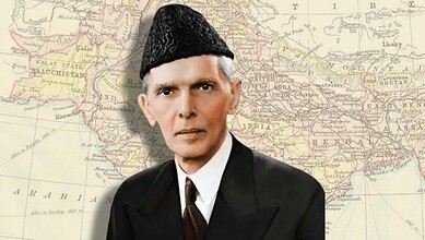 Mahatma Jinnah in traditional attire against a historical map background.