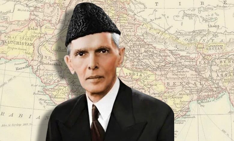 Mahatma Jinnah in traditional attire against a historical map background.
