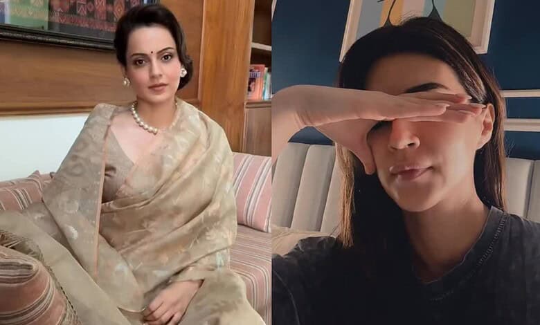Kangana Ranaut in traditional attire and Kriti Sanon covering her face with her hand.