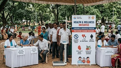 Health and wellness screening event in Karnataka for diabetes, hypertension, and obesity awareness.
