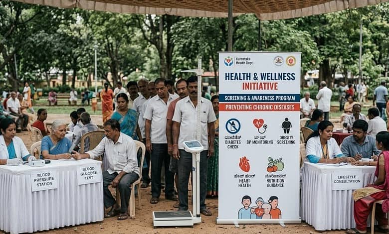 Health and wellness screening event in Karnataka for diabetes, hypertension, and obesity awareness.