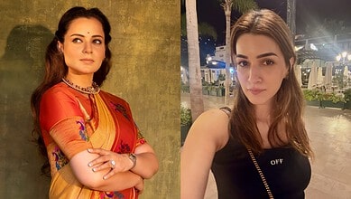 Kangana in traditional attire and Kriti in casual wear at night.