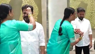 Konda Surekha and Seethakka tie rakhi to the Chief Minister during a political event.