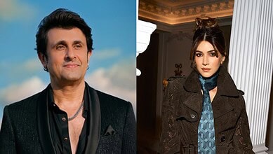 Sonu Nigam and Kriti Sanon posing indoors, stylish outfits, elegant setting.