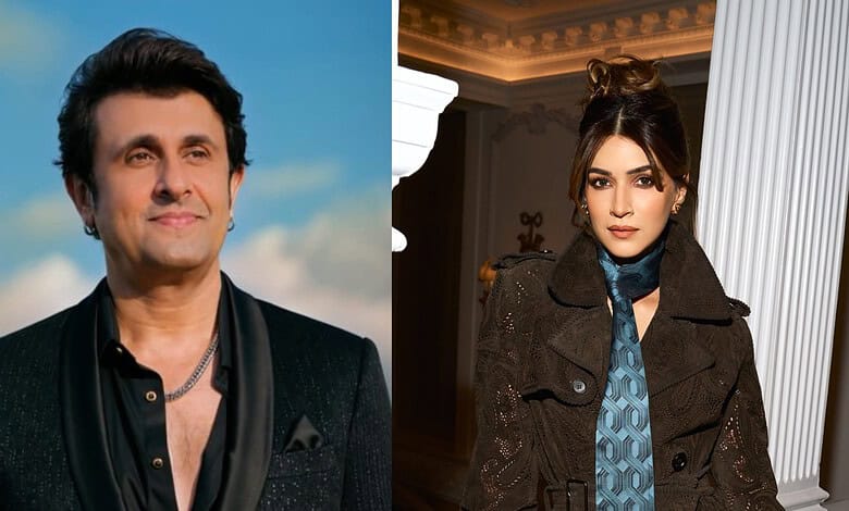 Sonu Nigam and Kriti Sanon posing indoors, stylish outfits, elegant setting.