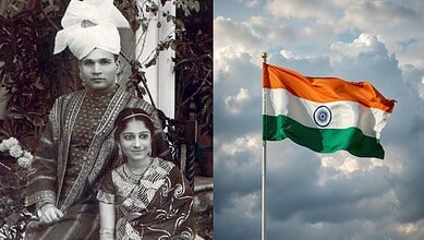 Historical photograph of Hyderabadi couple with the Indian flag in the background.