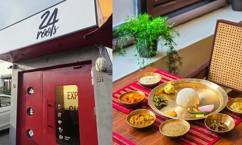Exterior of 24 Roots restaurant with a red and white sign in Hyderabad.