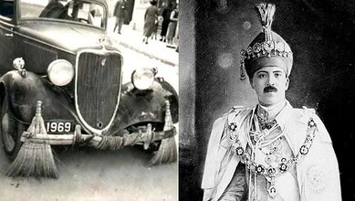 Vintage black and white photo of a Nizam's car and a portrait of the Nizam in traditional attire.