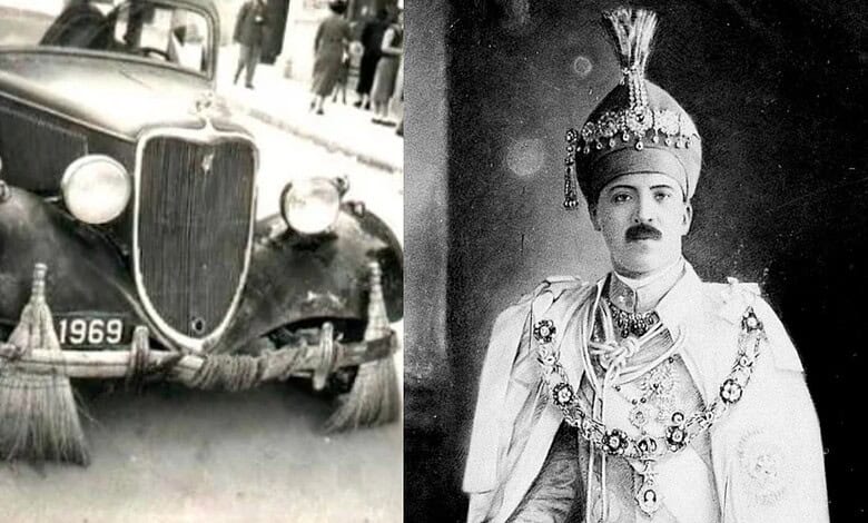 Vintage black and white photo of a Nizam's car and a portrait of the Nizam in traditional attire.