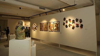 Contemporary art exhibition in Hyderabad's new art space with diverse artworks on display.