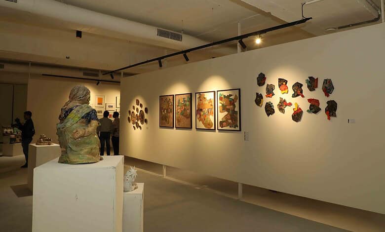 Contemporary art exhibition in Hyderabad's new art space with diverse artworks on display.