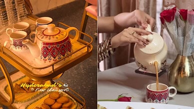 Vintage Irani chai set with traditional teapot and cups in Hyderabad.