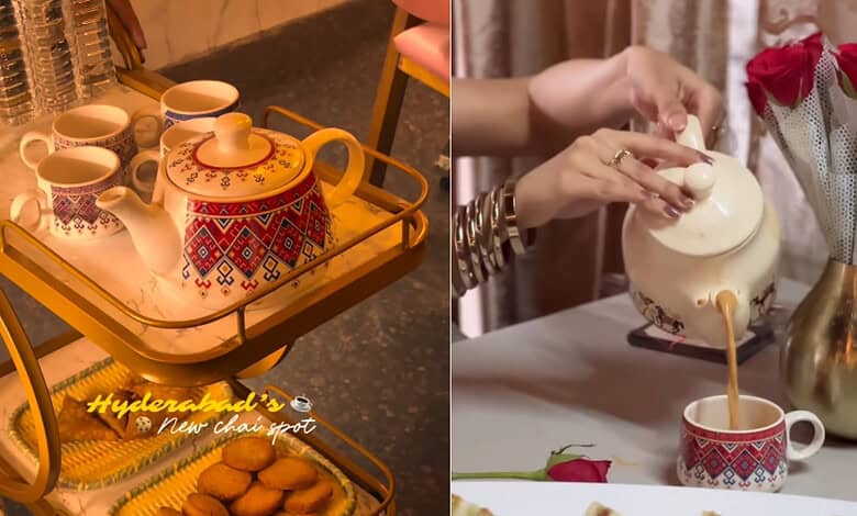 Vintage Irani chai set with traditional teapot and cups in Hyderabad.