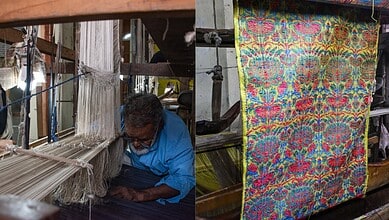 Traditional Himroo textile weaving process with a weaver working on a loom.
