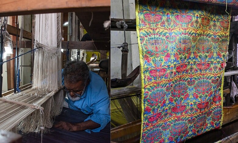 Traditional Himroo textile weaving process with a weaver working on a loom.