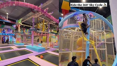 Indoor amusement park with trampolines, zip lines, and a 360° Sky Cycle ride.
