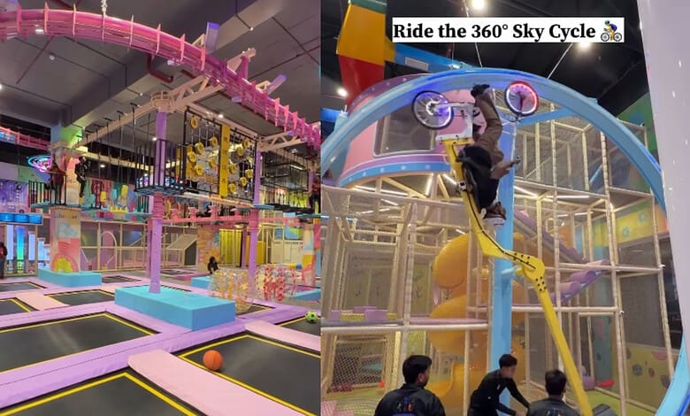 Indoor amusement park with trampolines, zip lines, and a 360° Sky Cycle ride.