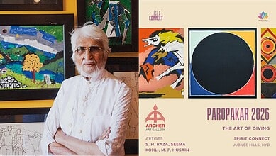 Renowned artist S.H. Raza at the Hyderabad art fundraiser, showcasing his artwork and legacy.
