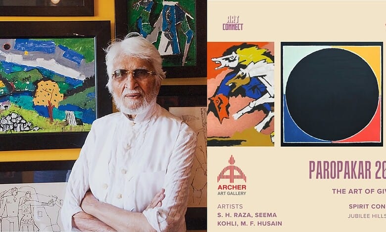 Renowned artist S.H. Raza at the Hyderabad art fundraiser, showcasing his artwork and legacy.