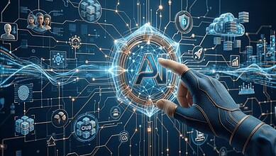 Futuristic AI technology concept with a hand pointing at a digital AI icon surrounded by data and network.