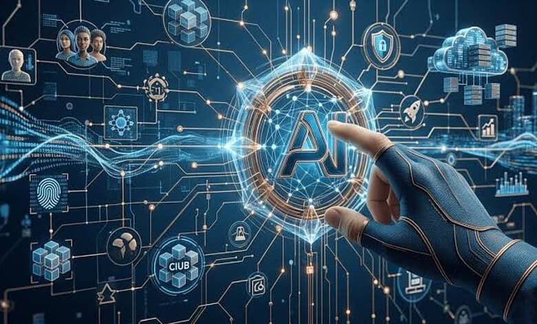 Futuristic AI technology concept with a hand pointing at a digital AI icon surrounded by data and network.