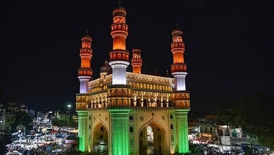 Charminar illuminated with colourful lights during Hyderabad's Independence Day celebrations.