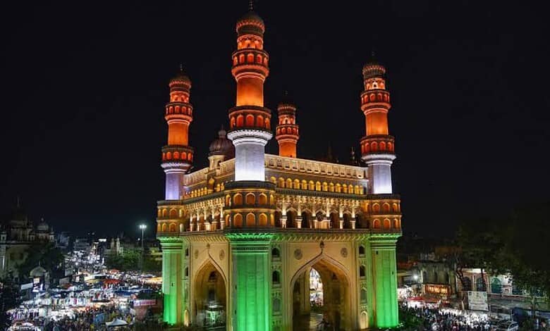Charminar illuminated with colourful lights during Hyderabad's Independence Day celebrations.