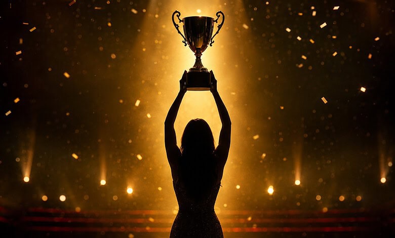 Silhouette of a woman holding a trophy above her head on a stage with golden lights.