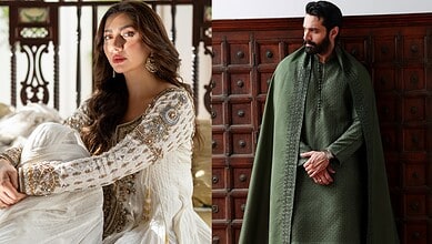 Elegant woman in traditional attire and a man in green kurta with wooden background.