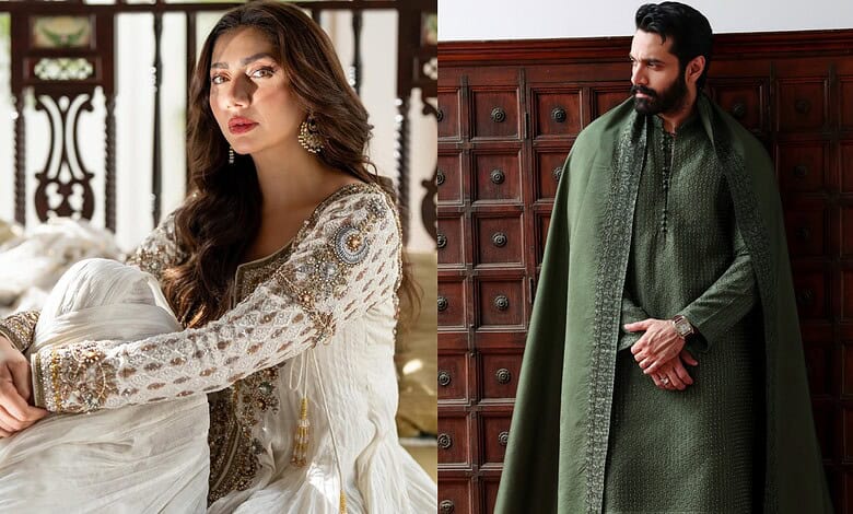 Elegant woman in traditional attire and a man in green kurta with wooden background.
