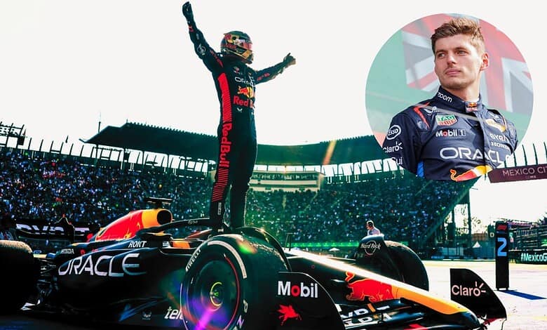 Max Verstappen celebrating on the podium after winning the race with Red Bull Racing.