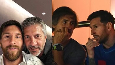 Lionel Messi's father Jorge Messi with his son in a casual setting.